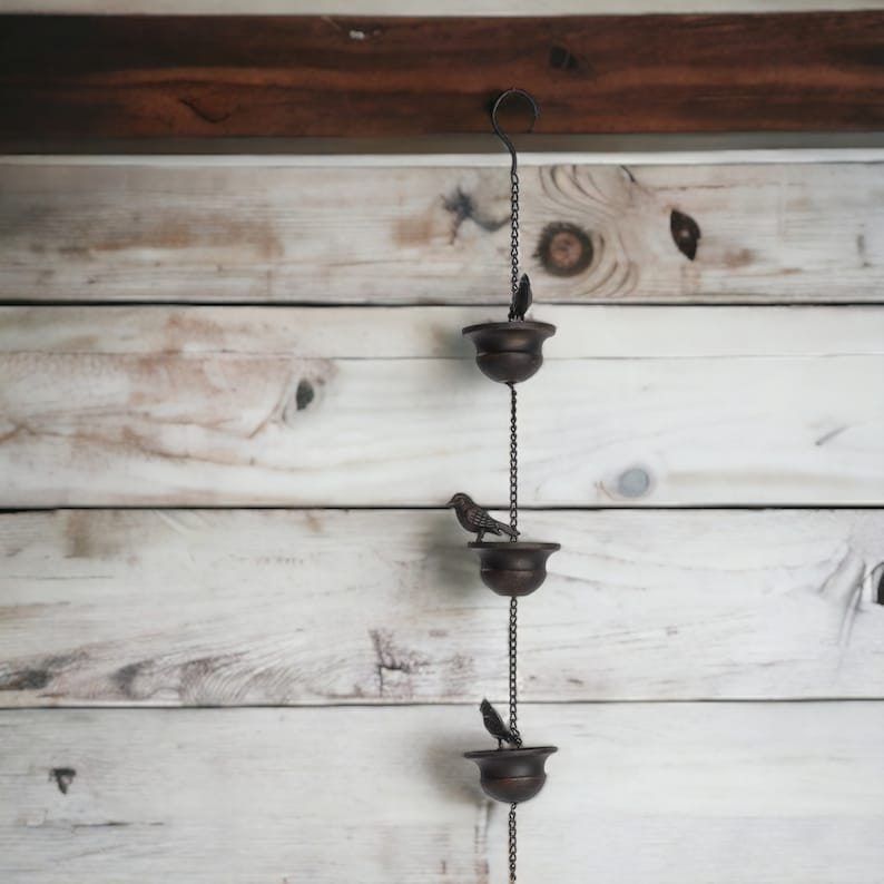 Potiwell Mobile Birds on Cups Rain Chain，Iron Elegant Little Bird Rain Catcher Chain(Limit discounts)