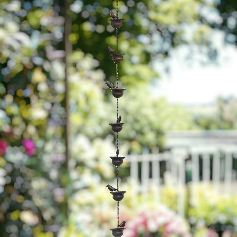 Potiwell Mobile Birds on Cups Rain Chain，Iron Elegant Little Bird Rain Catcher Chain(Limit discounts)