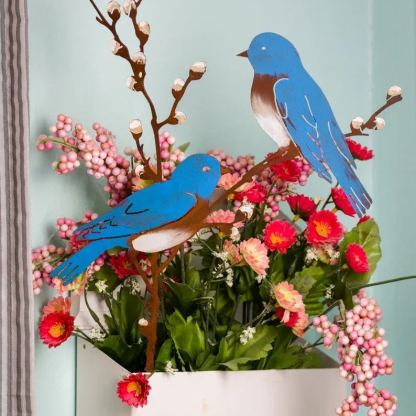 Hand Painted Metal Bluebirds on Spring Willow Garden Stake | Bluebirds Silhouette 