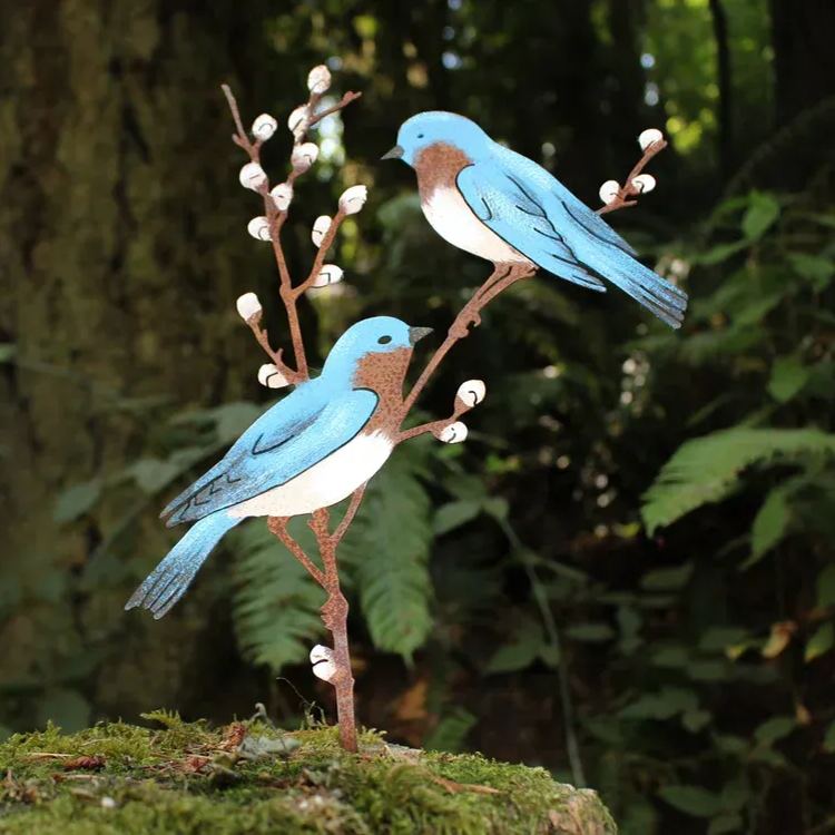 Metal Hand Painted Bluebirds on Spring Willow Garden Art 