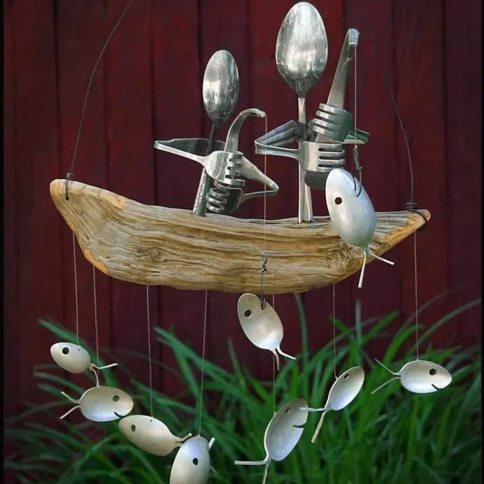 Handmade Fishing Man Spoon Fish Sculpture Wind Chime