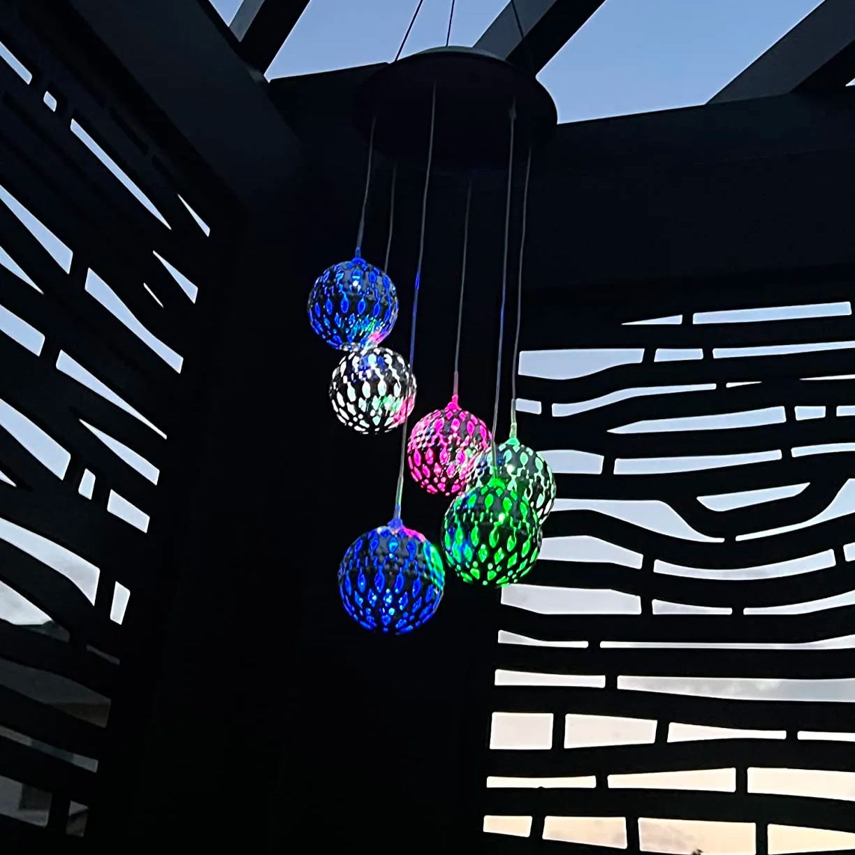Solar Metal Orb Wind Chime Mobile - Rainbow Color Changing LED Lights
