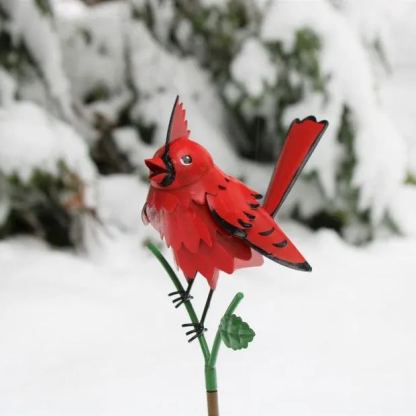 Goldfinch, Cardinal, Western Bluebird, Ruby-throated Hummingbird on a garden stake