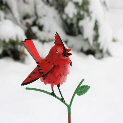 Goldfinch, Cardinal, Western Bluebird, Ruby-throated Hummingbird on a garden stake