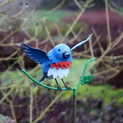Goldfinch, Cardinal, Western Bluebird, Ruby-throated Hummingbird on a garden stake