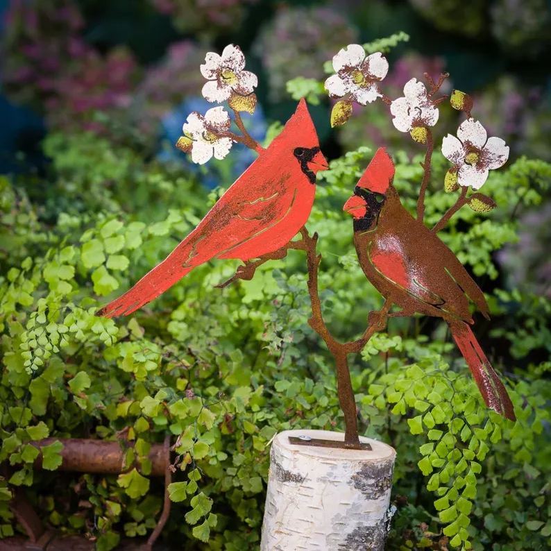 Cardinals on Flowering Dogwood Garden Art | Metal Hand Painted | Cardinal Silhouette