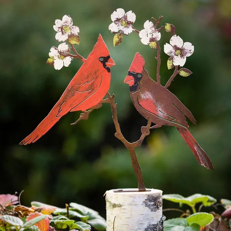 Cardinals on Flowering Dogwood Garden Art | Metal Hand Painted | Cardinal Silhouette