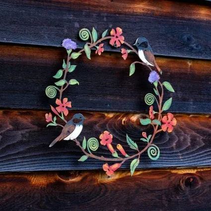 Chickadees & Flowers Wreath Wall Art | Hand Painted