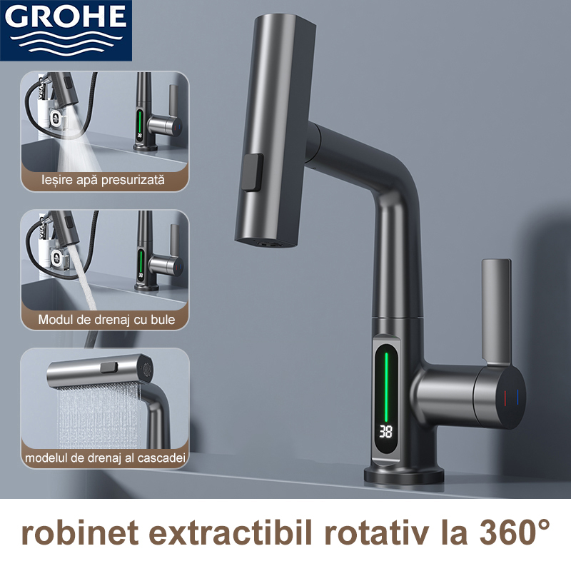  (Grohe) robinet extensibil cu afișare inteligentă a temperaturii apei cu rotire la 360°