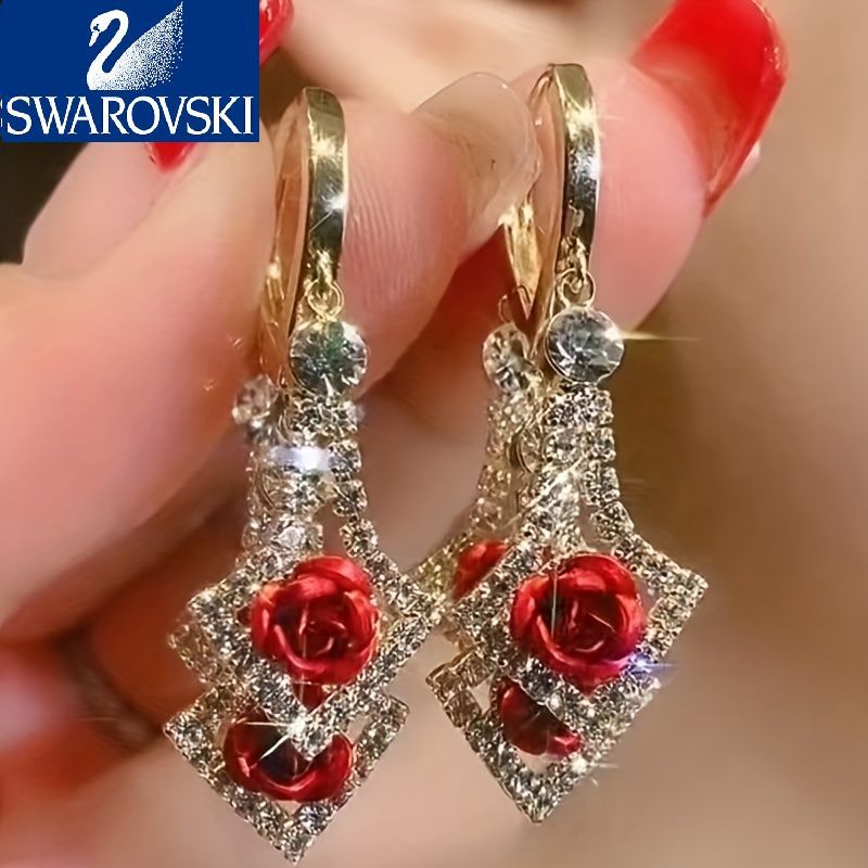 【Swarovski】Zircon strălucitor în formă de romb, încrustat cu țesătură roșie/violet, decor de trandafiri, cercei suspendați, stil elegant de lux, cadou feminin la modă