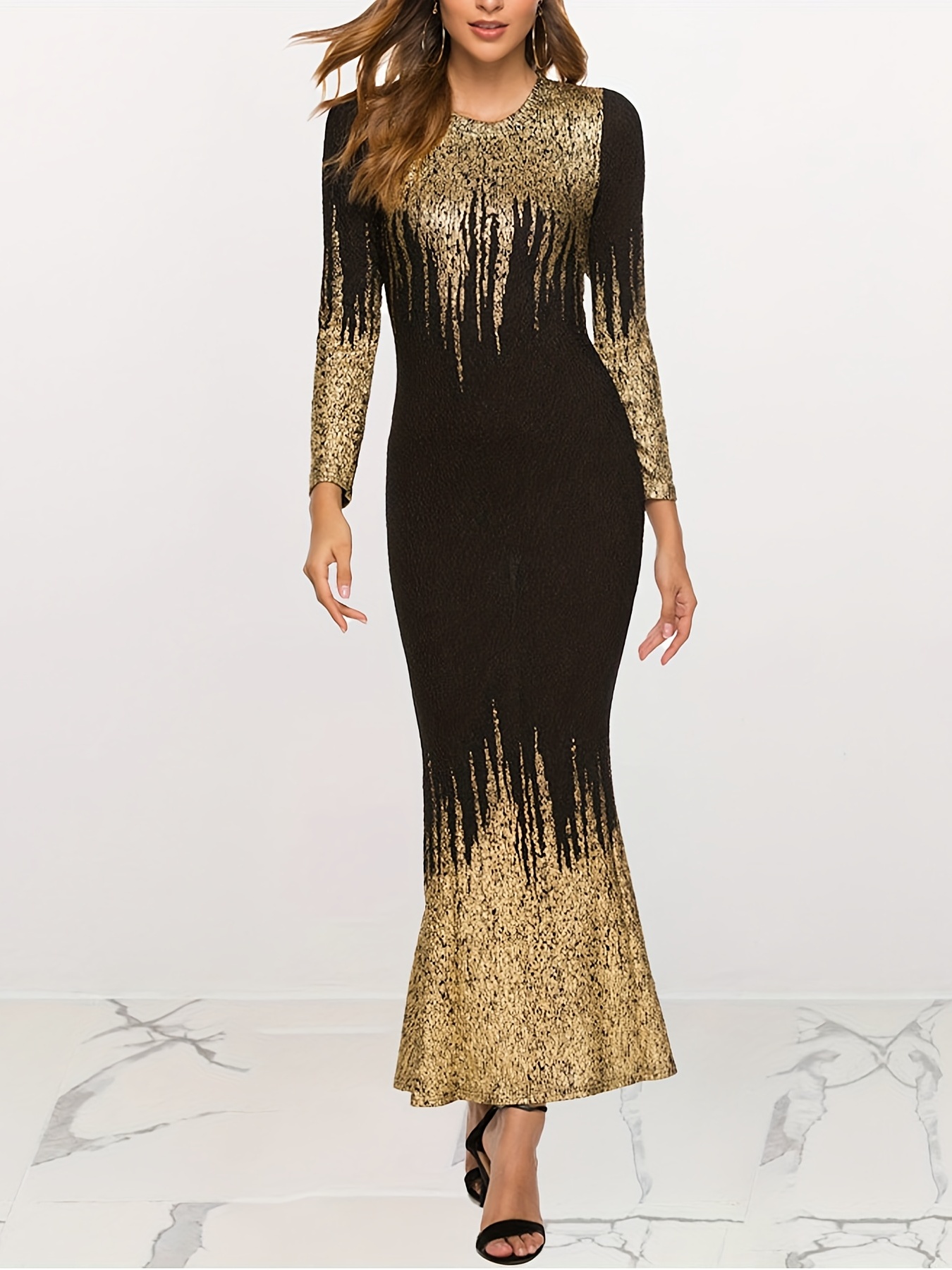 Rochie subtire imprimata Rochie eleganta cu maneca lunga cu decolteu d