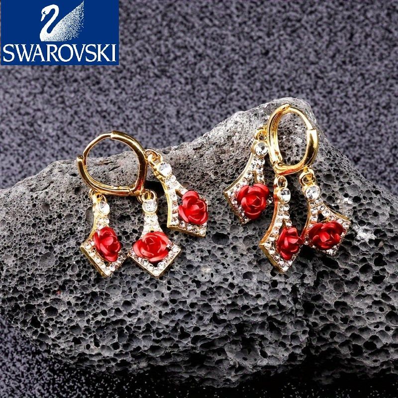 【Swarovski】Zircon strălucitor în formă de romb, încrustat cu țesătură roșie/violet, decor de trandafiri, cercei suspendați, stil elegant de lux, cadou feminin la modă