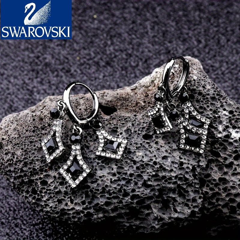 【Swarovski】Zircon strălucitor în formă de romb, încrustat cu țesătură roșie/violet, decor de trandafiri, cercei suspendați, stil elegant de lux, cadou feminin la modă