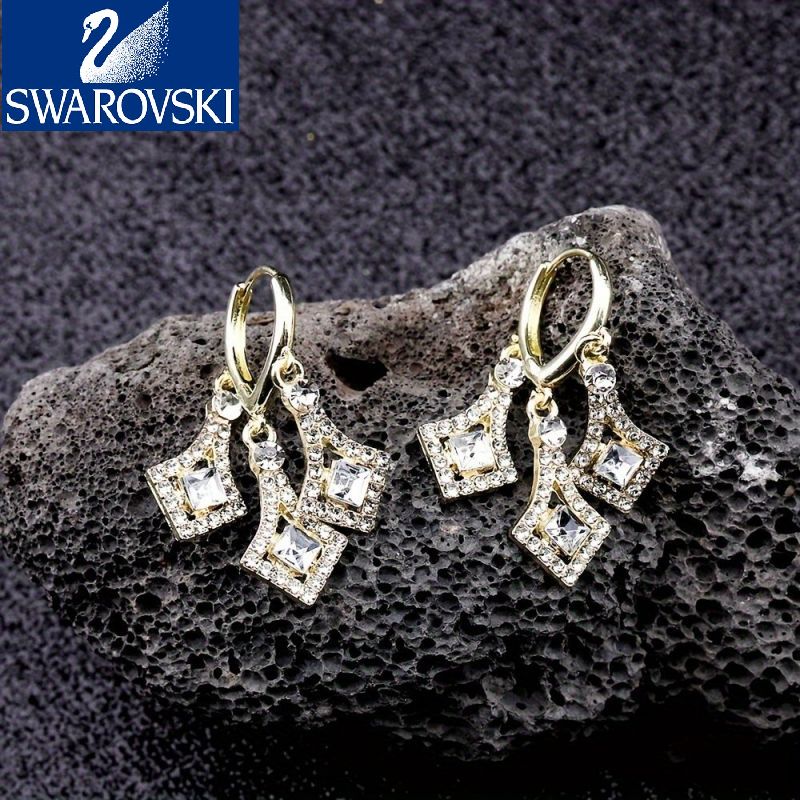 【Swarovski】Zircon strălucitor în formă de romb, încrustat cu țesătură roșie/violet, decor de trandafiri, cercei suspendați, stil elegant de lux, cadou feminin la modă