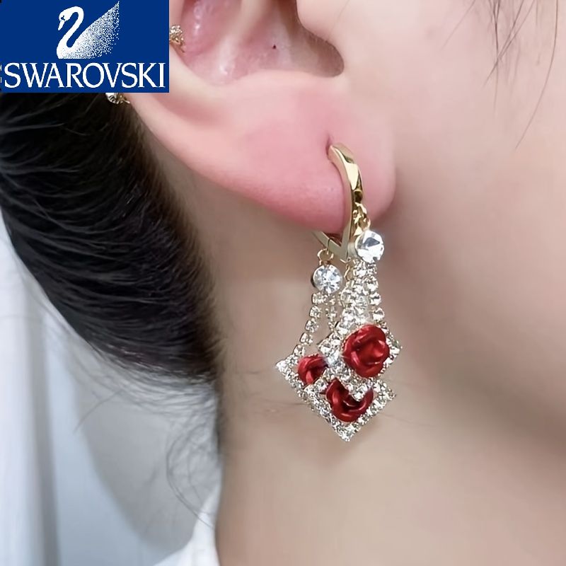 【Swarovski】Zircon strălucitor în formă de romb, încrustat cu țesătură roșie/violet, decor de trandafiri, cercei suspendați, stil elegant de lux, cadou feminin la modă