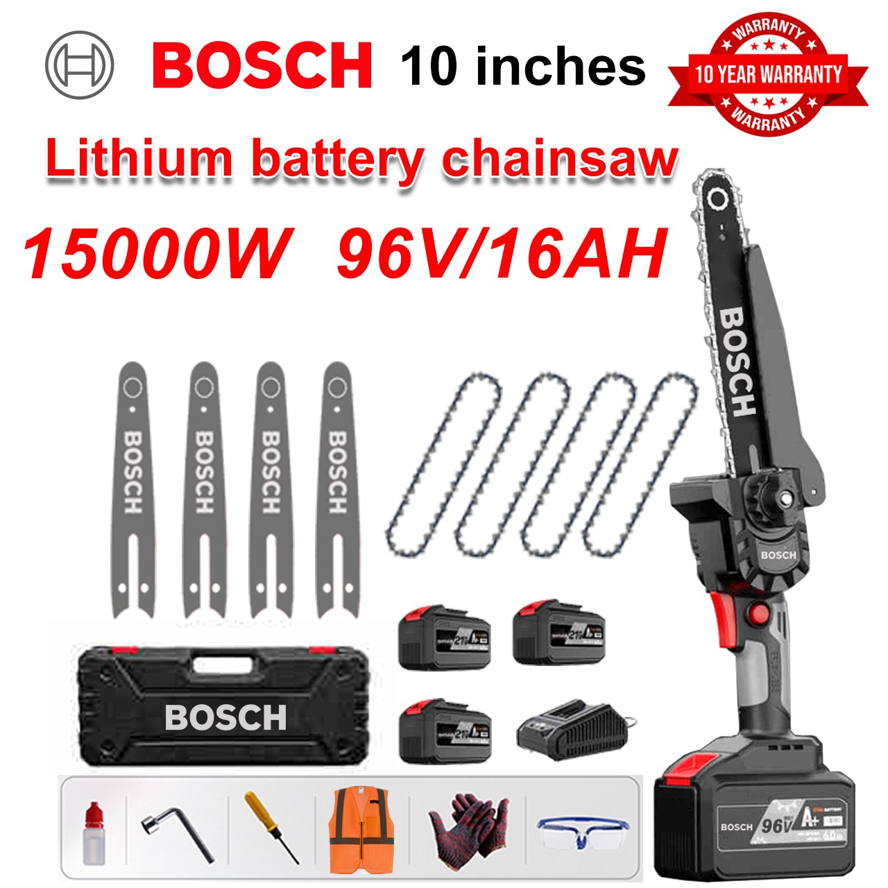 Ferăstrău cu baterie cu litiu Bosch 15000W 96V, ferăstrău puternic fără perii (cu stâlp telescopic)