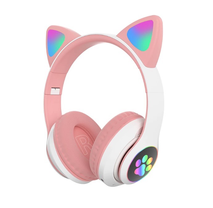 Casti wireless pliabile, Urechi de pisica, Bluetooth 5.0, Handsfree, HiFi, Bass Stereo, LED, TF, Alb/Roz