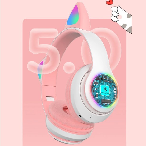 Casti wireless pliabile, Urechi de pisica, Bluetooth 5.0, Handsfree, HiFi, Bass Stereo, LED, TF, Alb/Roz