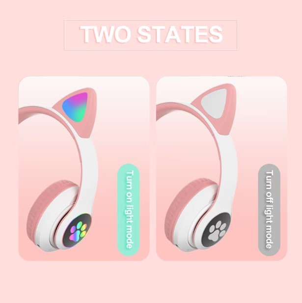 Casti wireless pliabile, Urechi de pisica, Bluetooth 5.0, Handsfree, HiFi, Bass Stereo, LED, TF, Alb/Roz