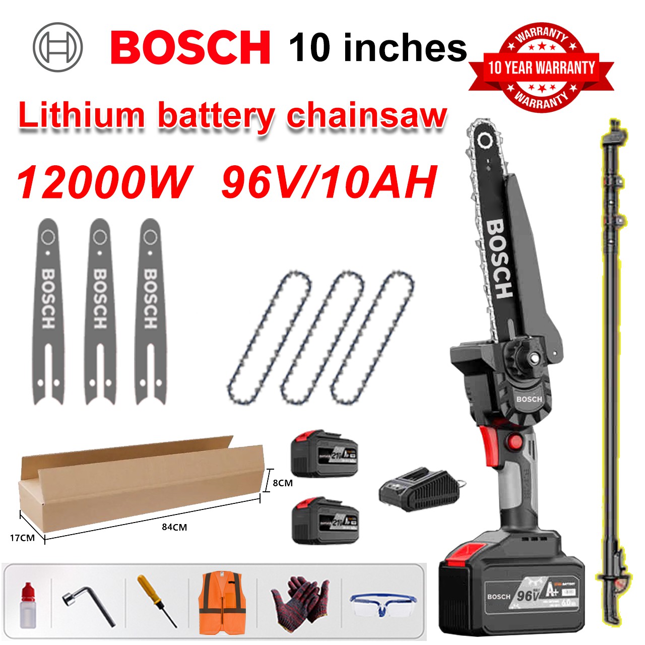Ferăstrău cu baterie cu litiu Bosch 15000W 96V, ferăstrău puternic fără perii (cu stâlp telescopic)
