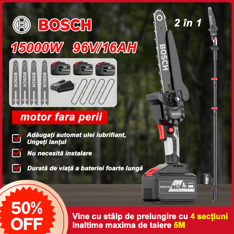 Ferăstrău cu baterie cu litiu Bosch 15000W 96V, ferăstrău puternic fără perii (cu stâlp telescopic)