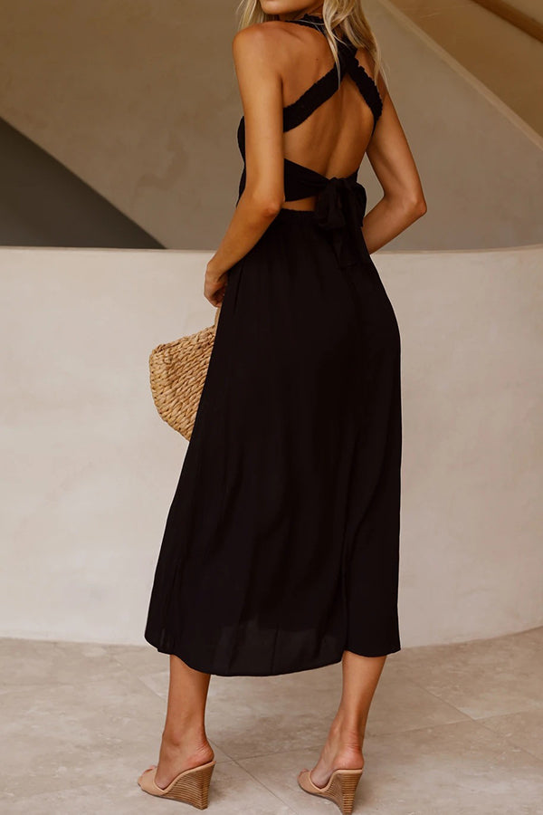 Bendita Pocketed Smocked Smocked Cross Back Midi Dress