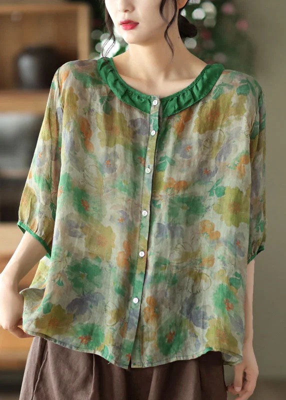 Simple Orange Peter Pan Collar Print Button Cotton Blouse Tops Long Sleeve