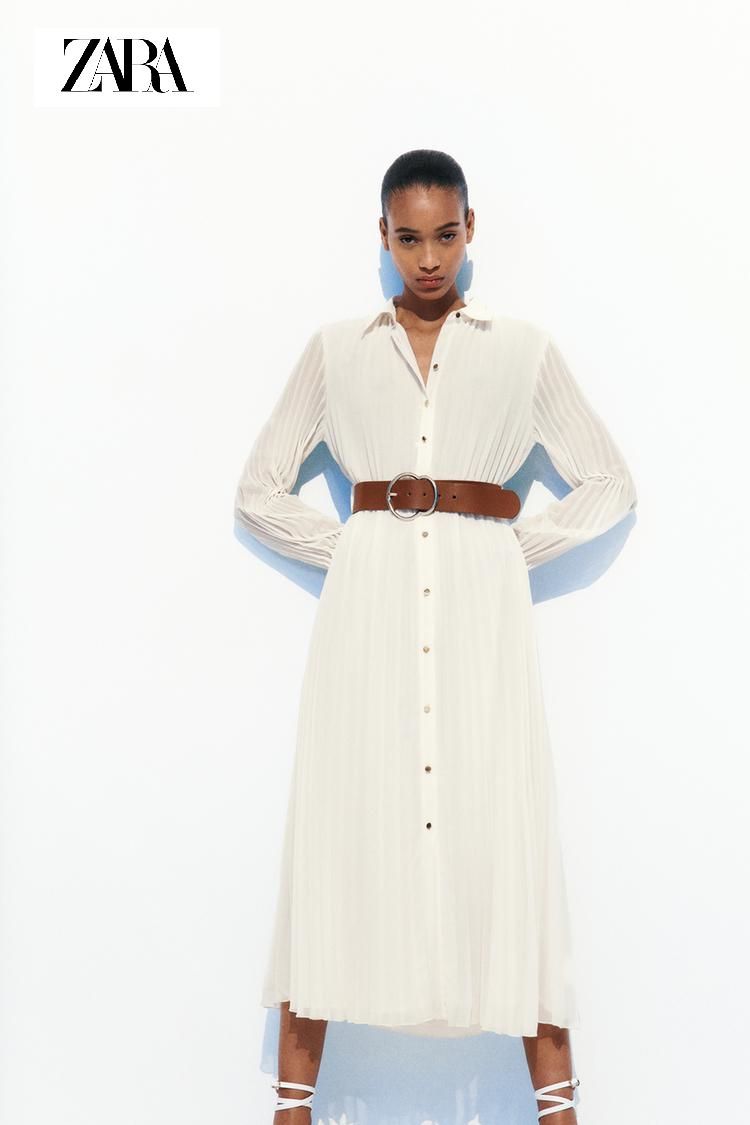 Rochie plisată midi cu curea albă ZARA
