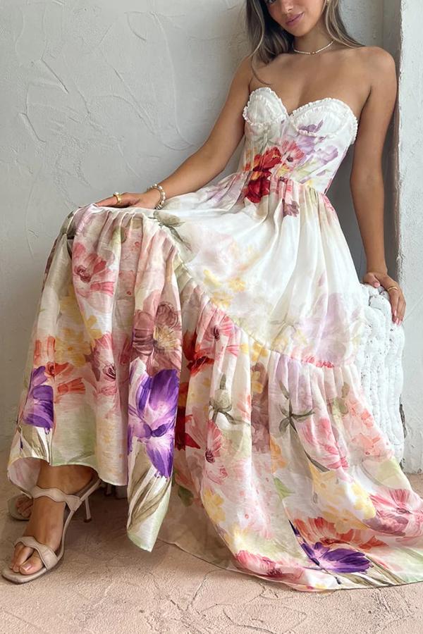 Romantic Data Floral Floral Ruffle Detaliu Pocketed Corset Maxi rochie