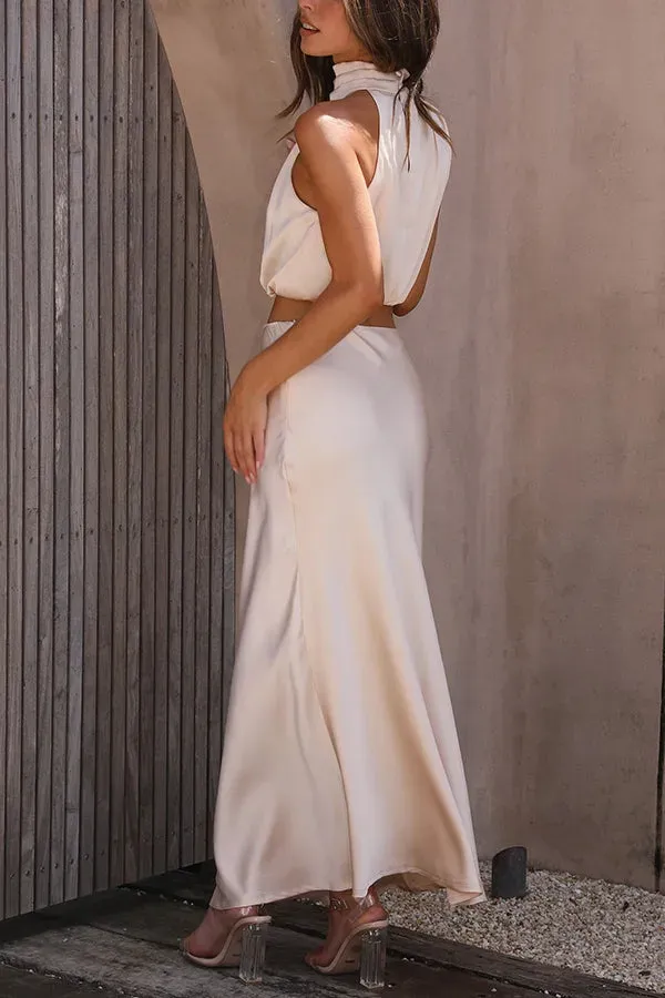 😍Such A Vibe High Neck Satin Drape Maxi Skirt Set