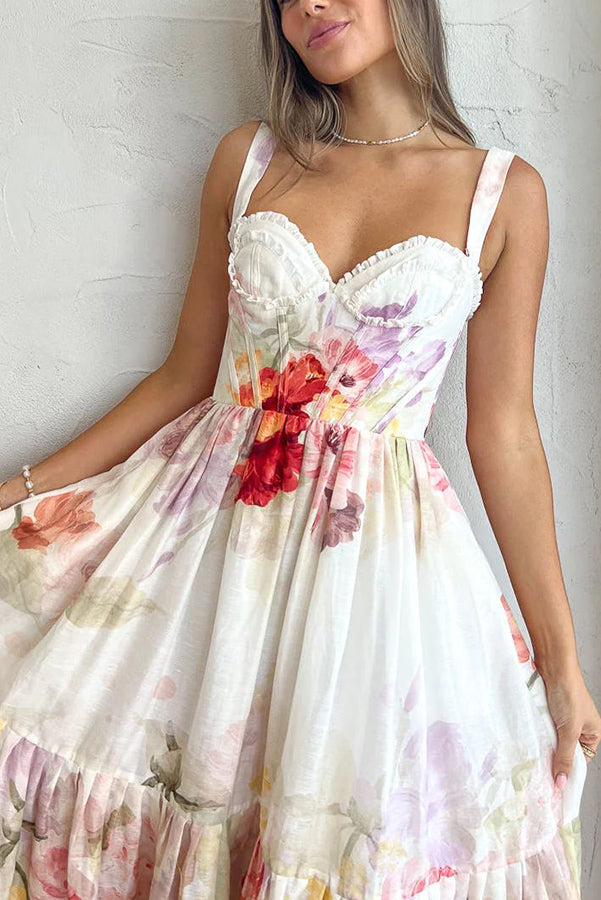 Romantic Data Floral Floral Ruffle Detaliu Pocketed Corset Maxi rochie formală / vacanță