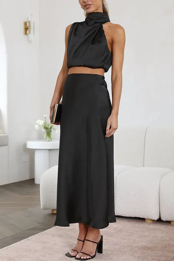 😍Such A Vibe High Neck Satin Drape Maxi Skirt Set