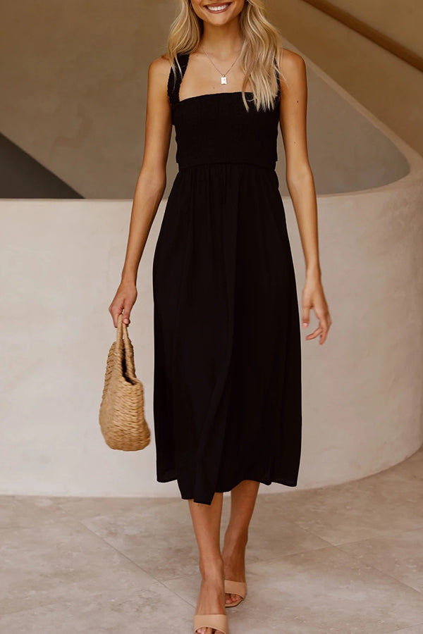 Bendita Pocketed Smocked Smocked Cross Back Midi Dress