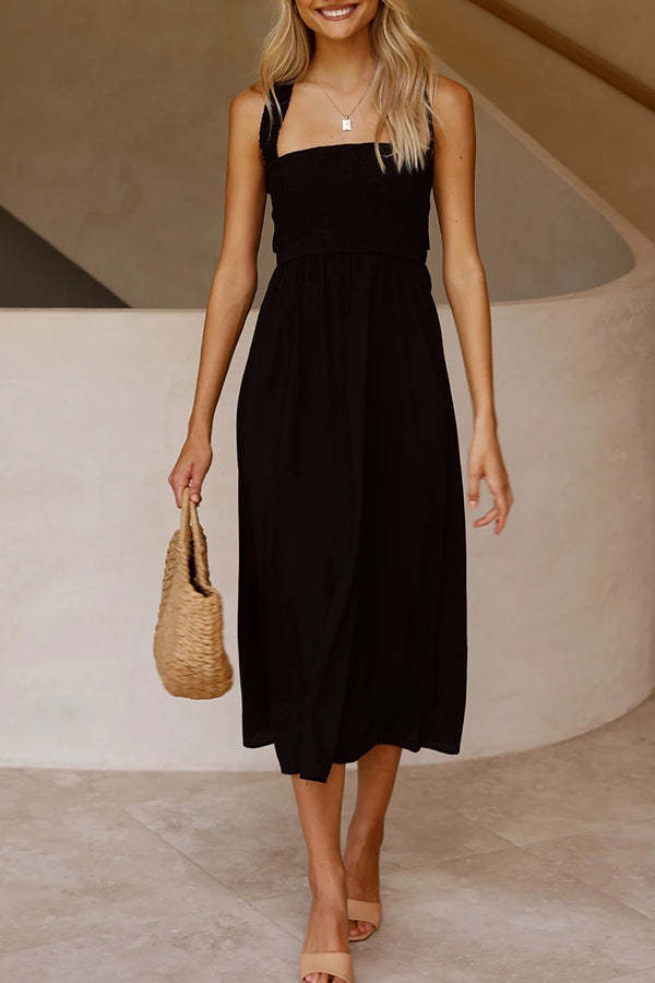 Bendita Pocketed Smocked Smocked Cross Back Midi Dress
