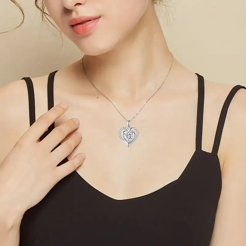 Colier cu pandantiv în formă de inimă Moissanite, argint 925, 3 ct, lanț clavicular pentru femei