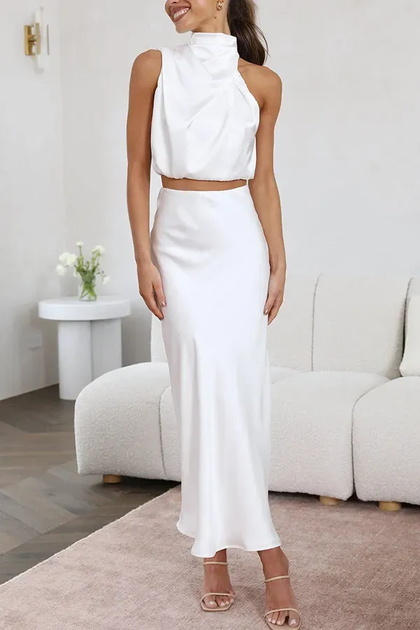 😍Such A Vibe High Neck Satin Drape Maxi Skirt Set