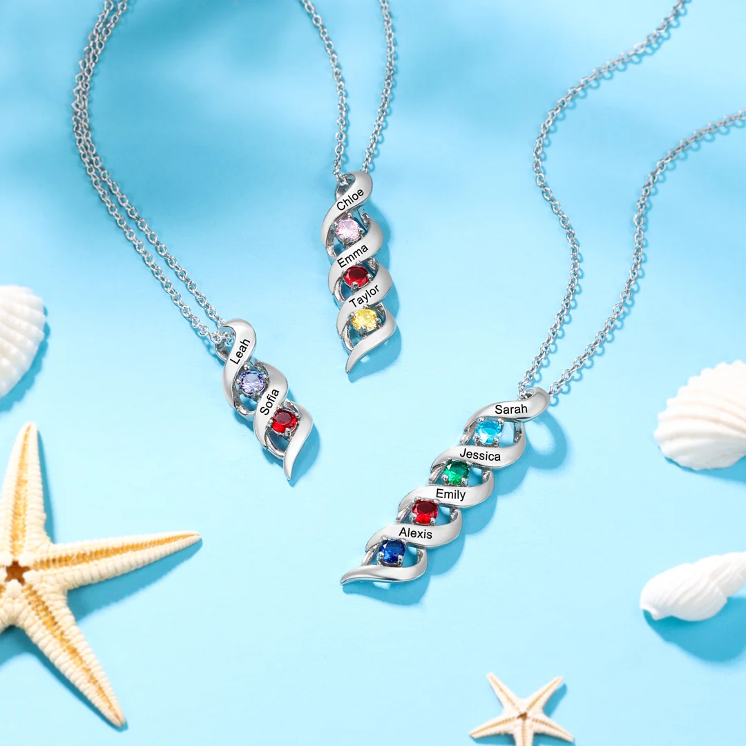 3 Names-Customized Necklace Cascading Pendant with 3 Birthstones Engraving 3 Names Gifts for Her