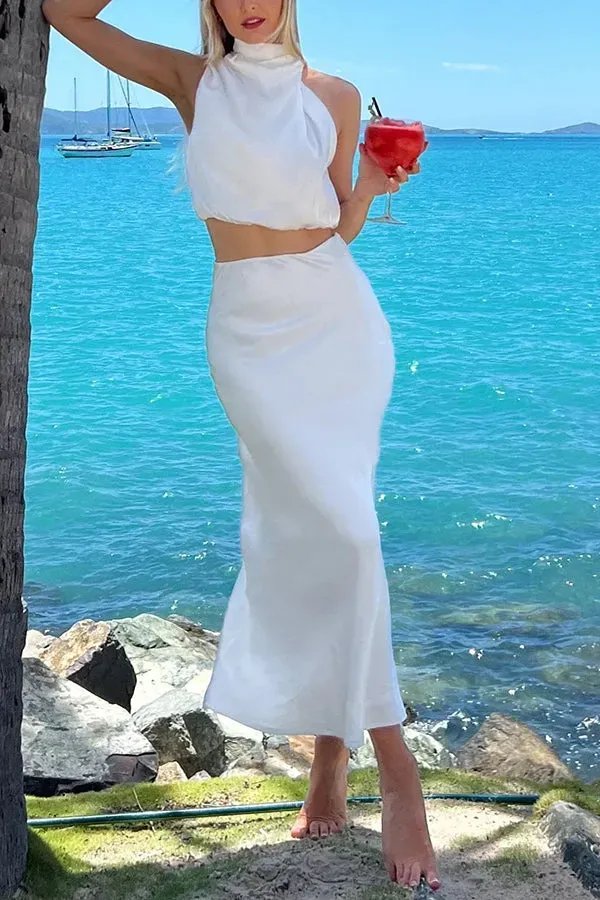 😍Such A Vibe High Neck Satin Drape Maxi Skirt Set