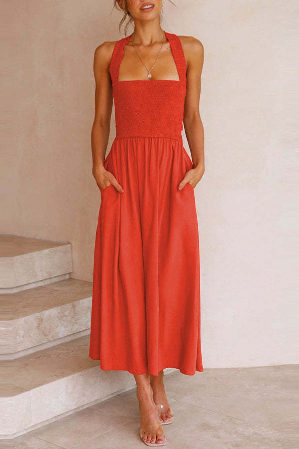 Bendita Pocketed Smocked Smocked Cross Back Midi Dress