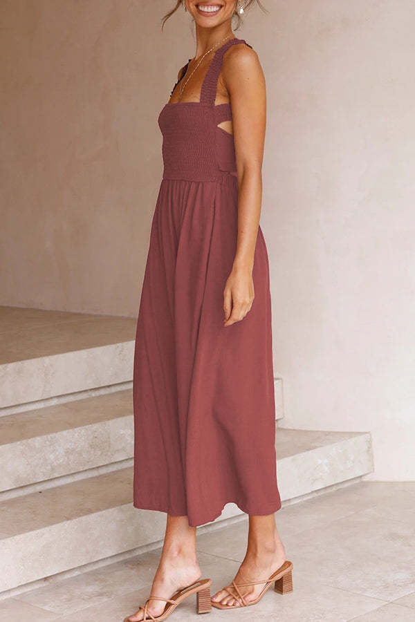 Bendita Pocketed Smocked Smocked Cross Back Midi Dress