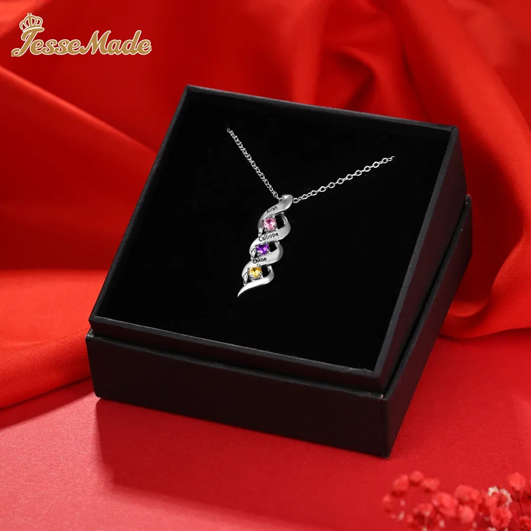 3 Names-Customized Necklace Cascading Pendant with 3 Birthstones Engraving 3 Names Gifts for Her