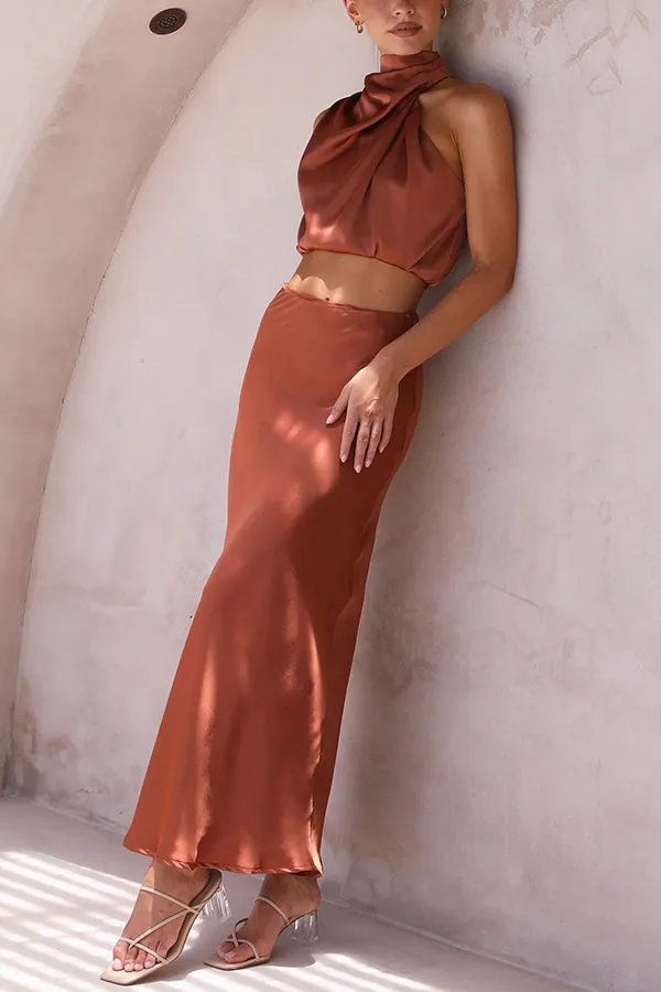 😍Such A Vibe High Neck Satin Drape Maxi Skirt Set