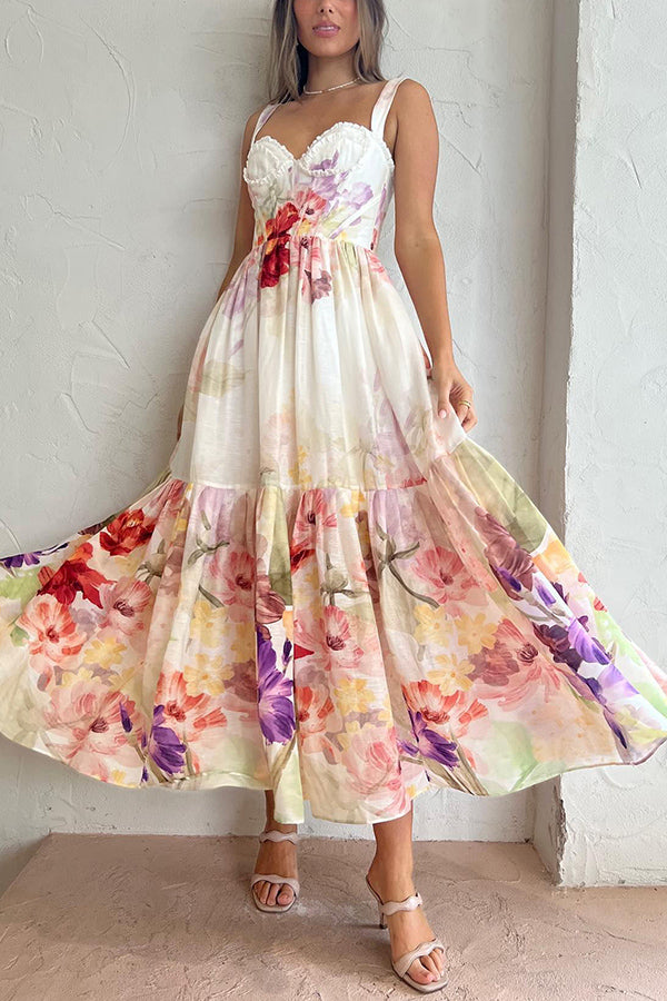 Romantic Data Floral Floral Ruffle Detaliu Pocketed Corset Maxi rochie formală / vacanță