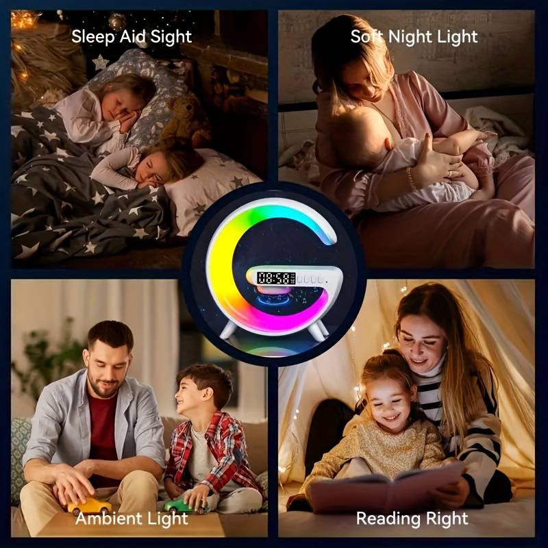 Suport Pentru Desktop Încărcare Fără Fir Pentru Telefoane Mobile, Lumini Mici De Noapte, Difuzoare Pentru Telefoane Mobile, Ceasuri Cu Alarmă De Birou, Funcții 4 În 1, Lumini LED Pentru Atmosferă De Acasă Și Cadouri Pentru Familie Și Prieteni De Sărbători