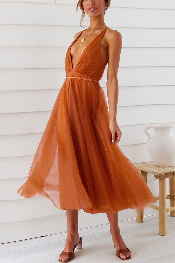 Feeling Romantic V Neck V Tulle Midi Dress