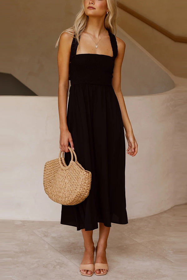 Bendita Pocketed Smocked Smocked Cross Back Midi Dress