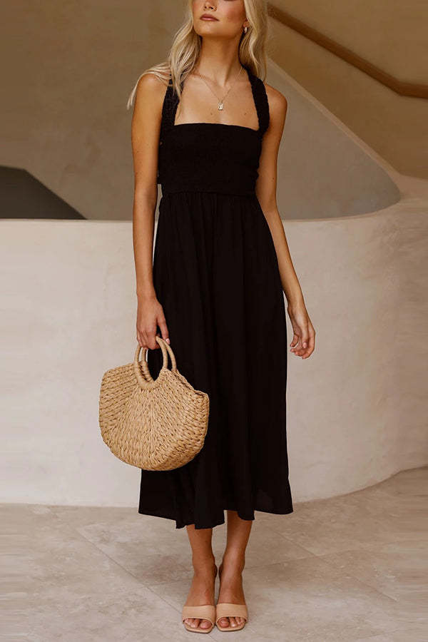Bendita Pocketed Smocked Smocked Cross Back Midi Dress