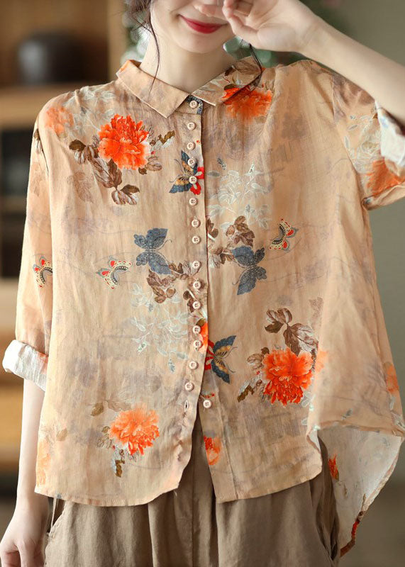 Simple Orange Peter Pan Collar Print Button Cotton Blouse Tops Long Sl