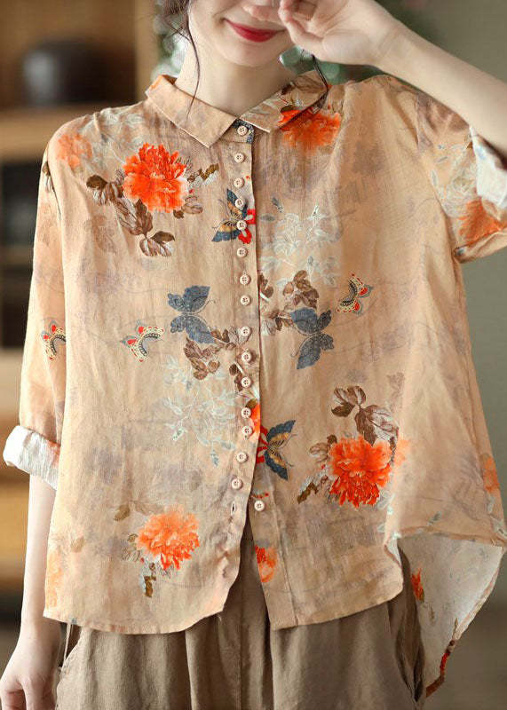 Simple Orange Peter Pan Collar Print Button Cotton Blouse Tops Long Sl