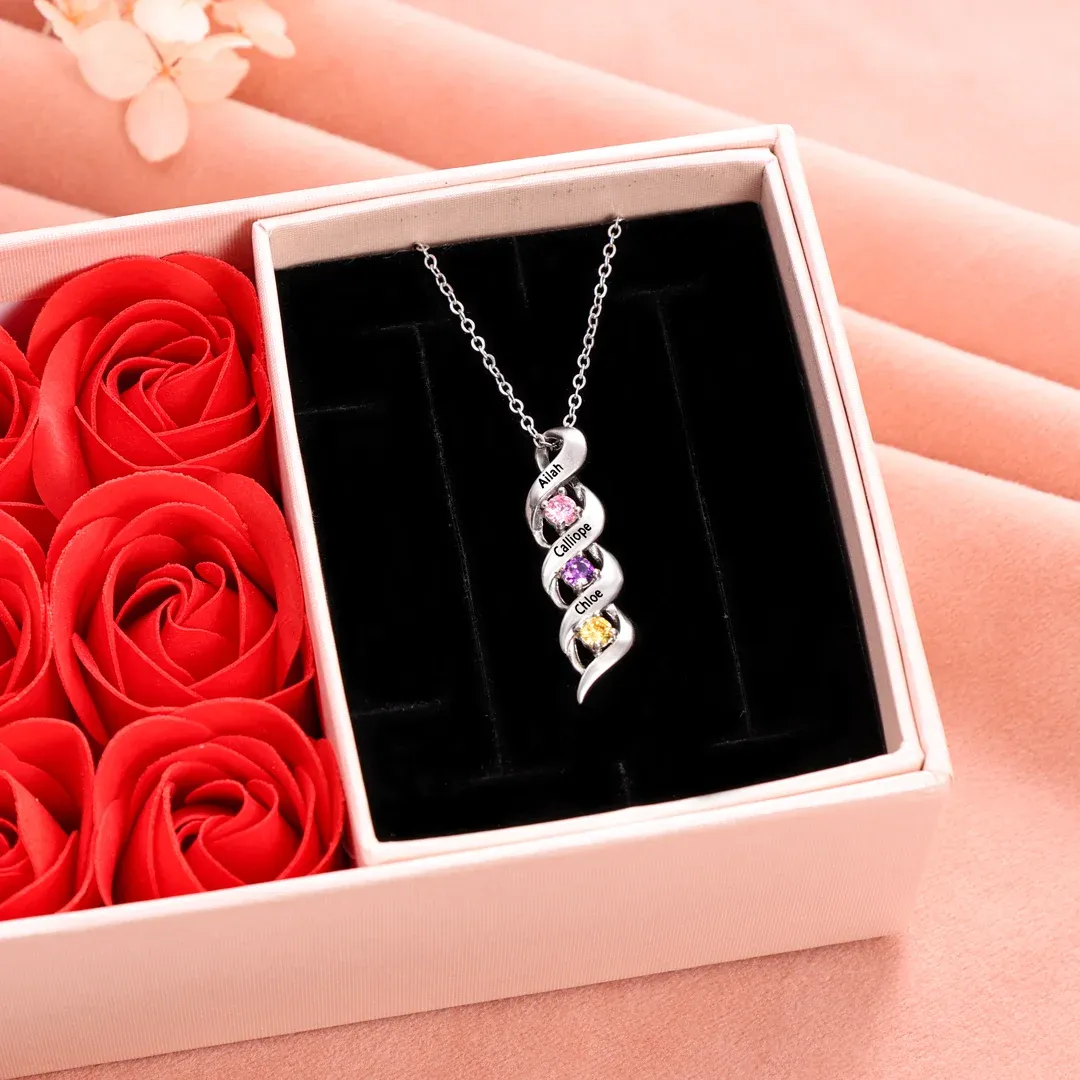 3 Names-Customized Necklace Cascading Pendant with 3 Birthstones Engraving 3 Names Gifts for Her